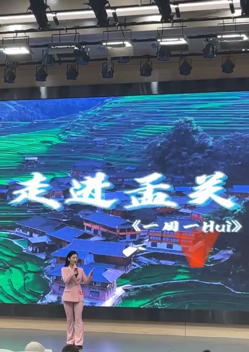 Speaking before a large stage screen